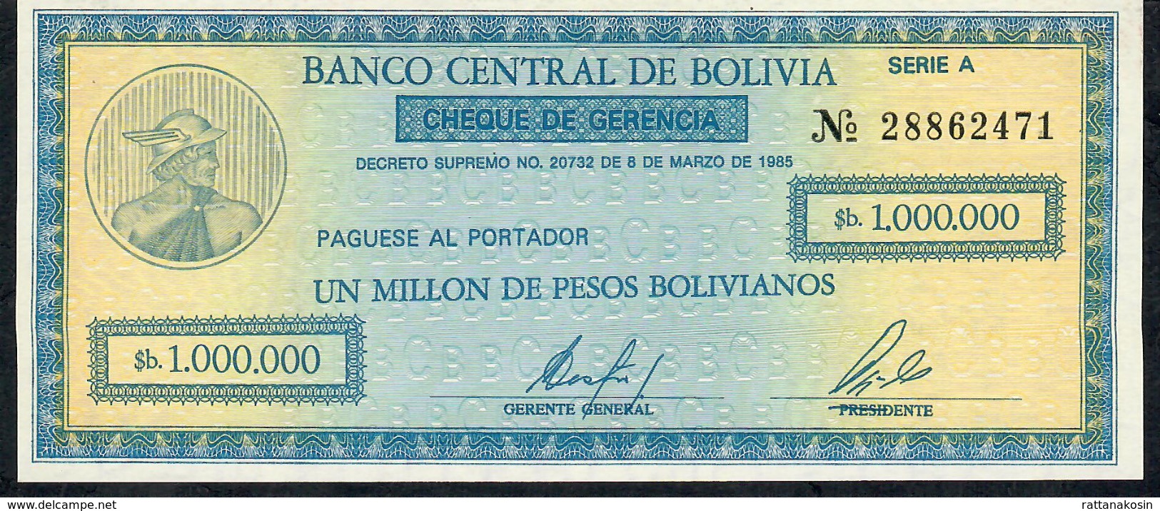 BOLIVIA P190 1.000.000 BOLIVIANOS 1985  UNC. - Bolivia