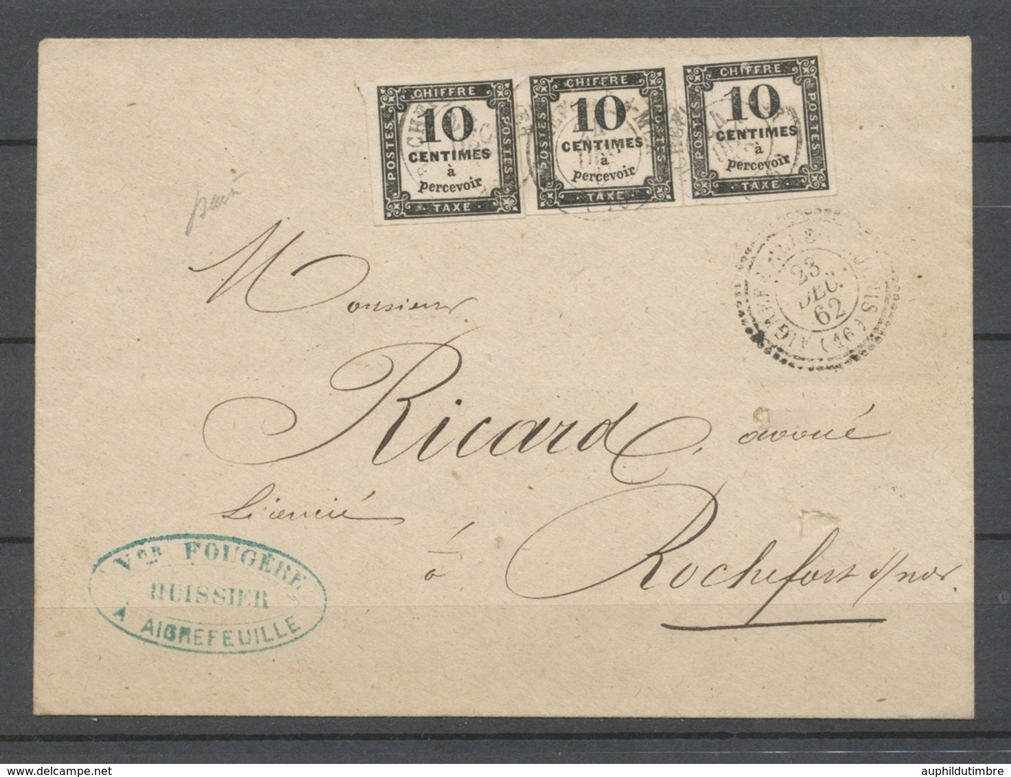 1862 Env. Taxe 10c Typo X3, Obl Càd Rochefort-sur-mer, C 22, Rare, SUP X4790 - 1859-1959 Lettres & Documents