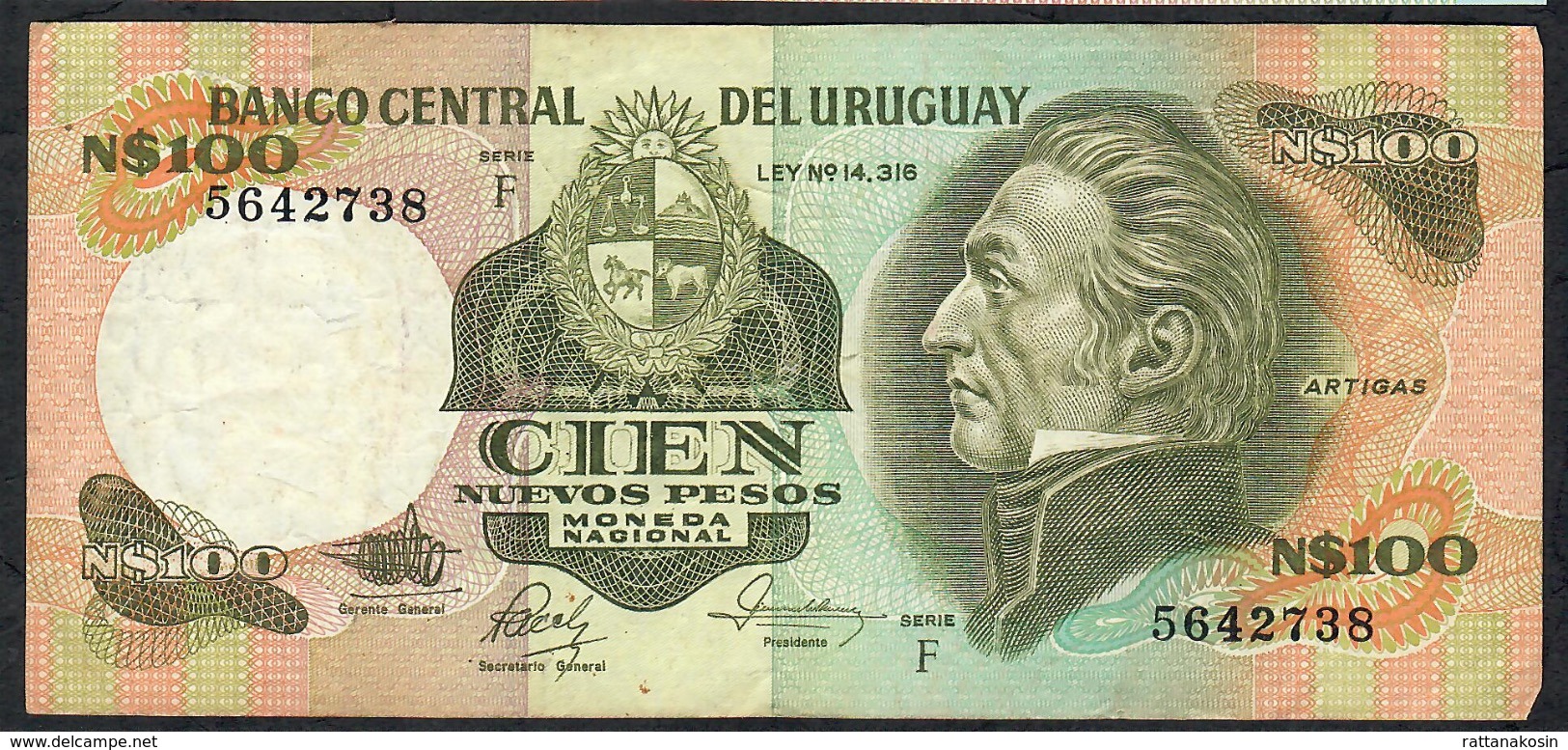 URUGUAY P62c 100 N.P. (1986) Serie F Signature 19a VF NO P.h. - Uruguay