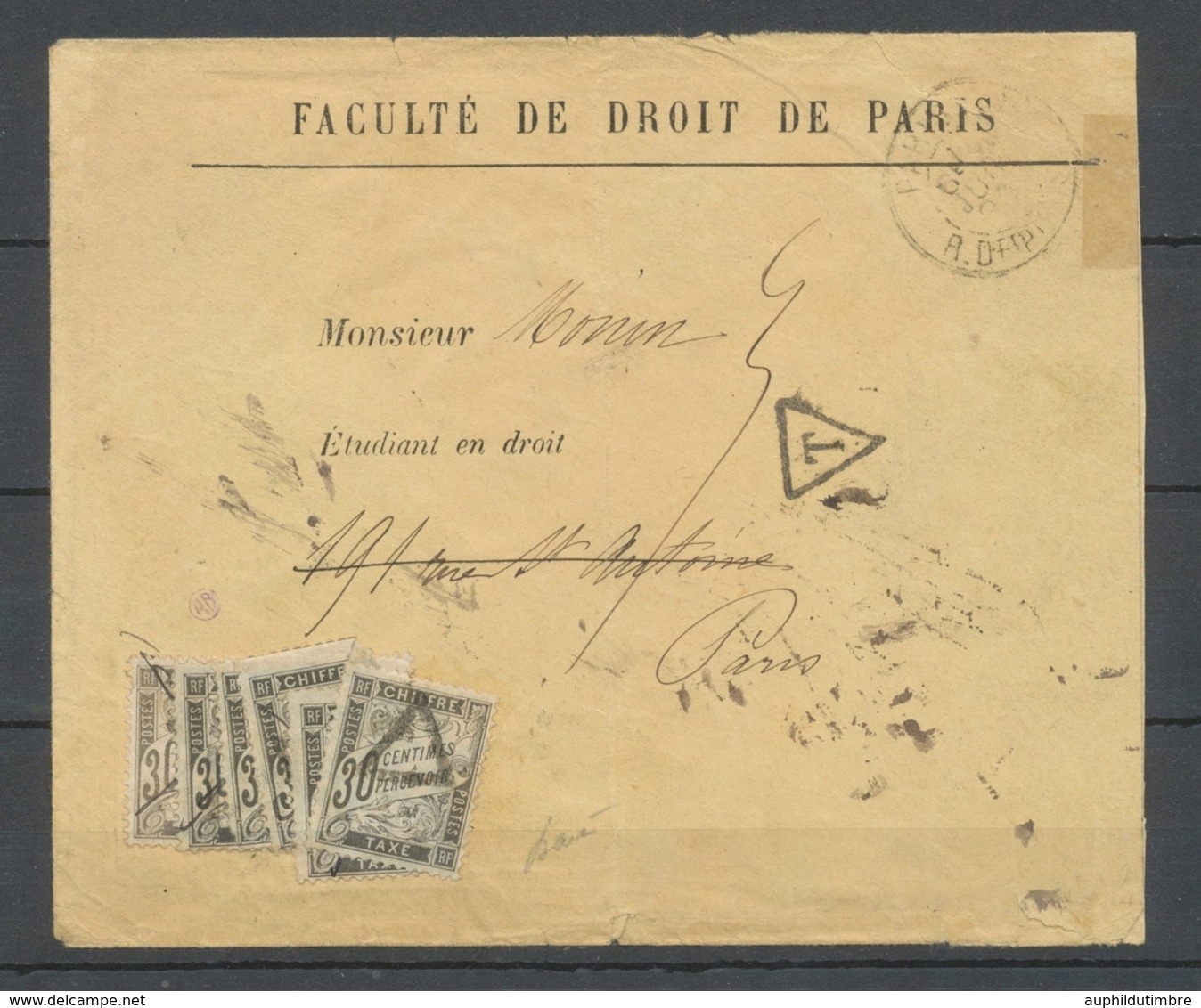 1892 Env. Tentative De Franchise De La Faculté De Droit, Taxée à 1f80, SUP X4806 - 1859-1959 Storia Postale