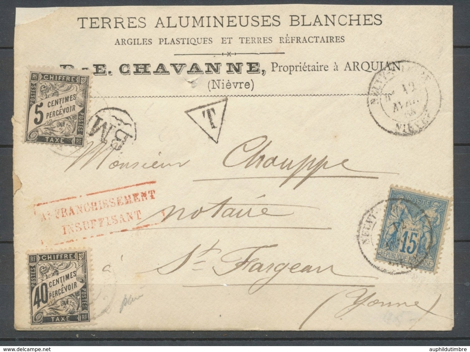 1884 Env. 15c Sage Griffe AI + Taxes 5c + 40c, Rare Type De BM Cercle Orné X4807 - 1859-1959 Lettres & Documents