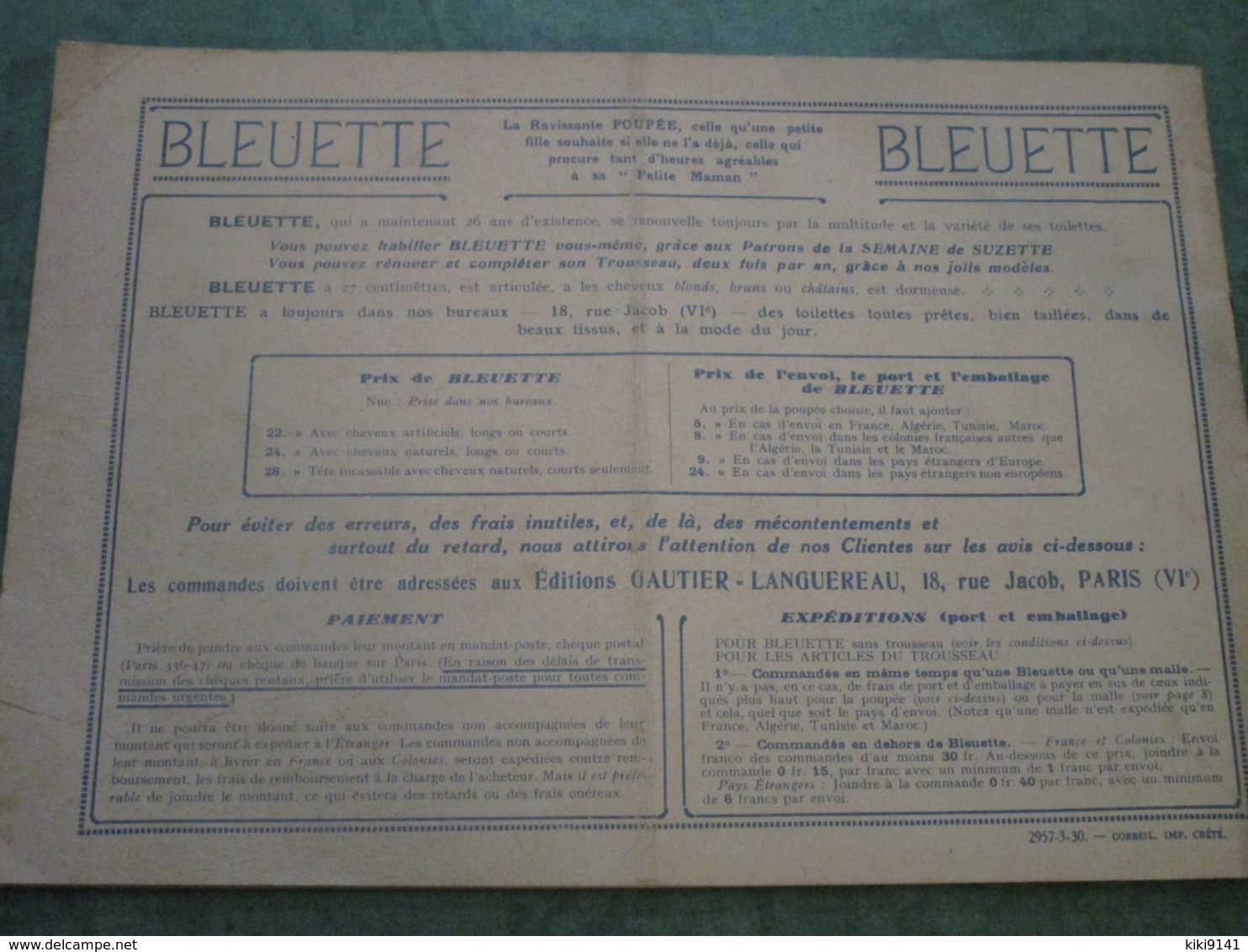 Catalogue/tarif Du Trousseau De BLEUETTE - ETE 1930 (12 Pages) - Dolls