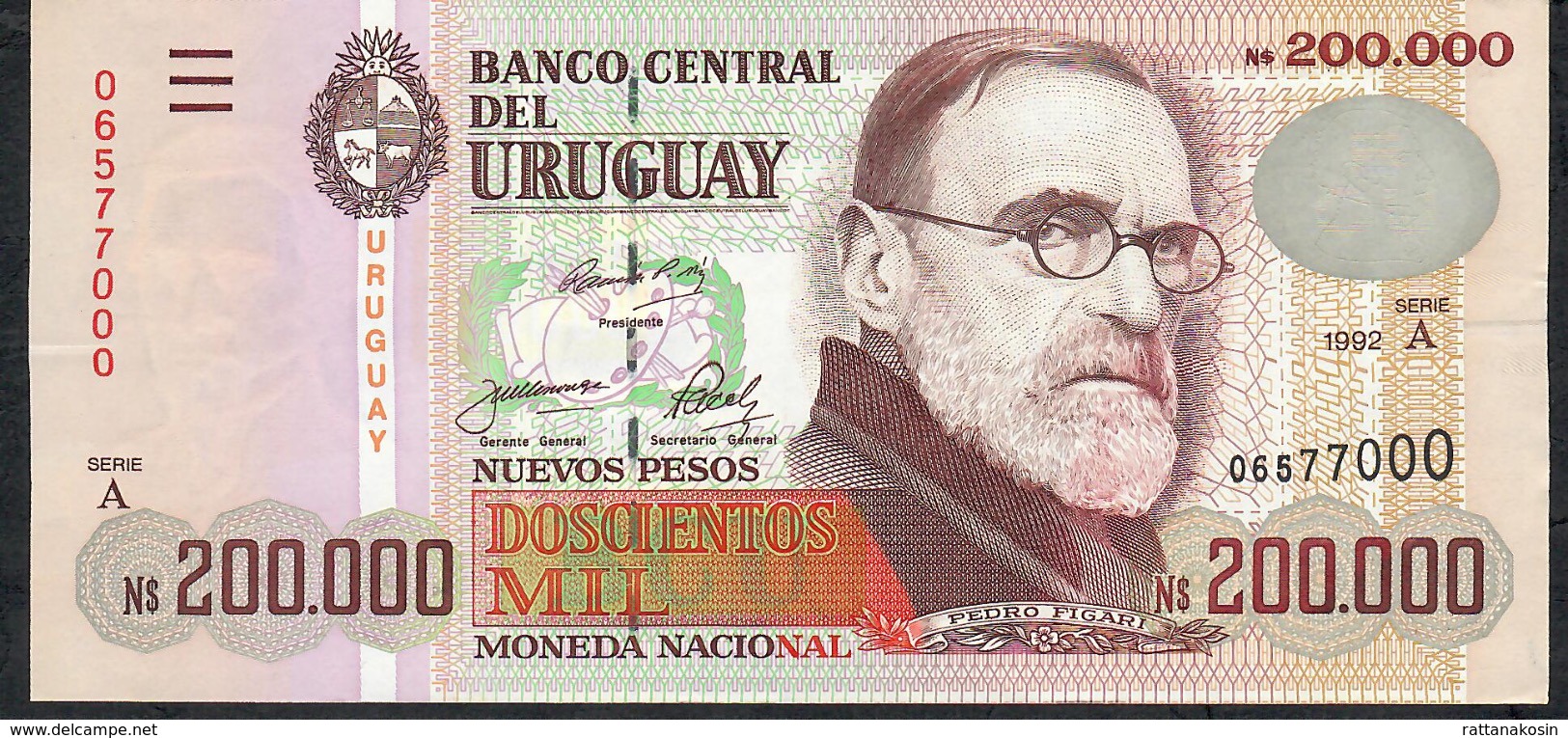 URUGUAY P72 200.000 NUEVOS PESOS 1992 Serie A      UNC. - Uruguay