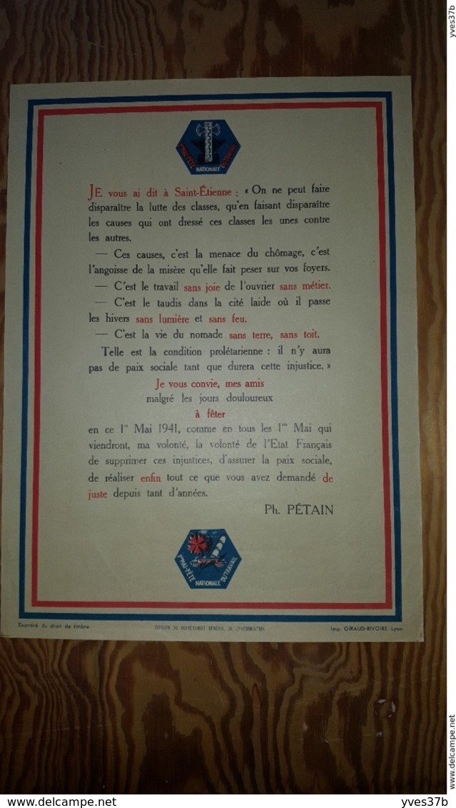 Affiche Non Pliée "Je Vous Ai Dit à St-Etienne Pétain 1 Mai 1941" 29x40 - Affiches