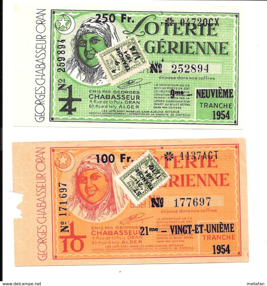 KB508 - BILLETS DE LA LOTERIE ALGERIENNE 1954 - Billetes De Lotería