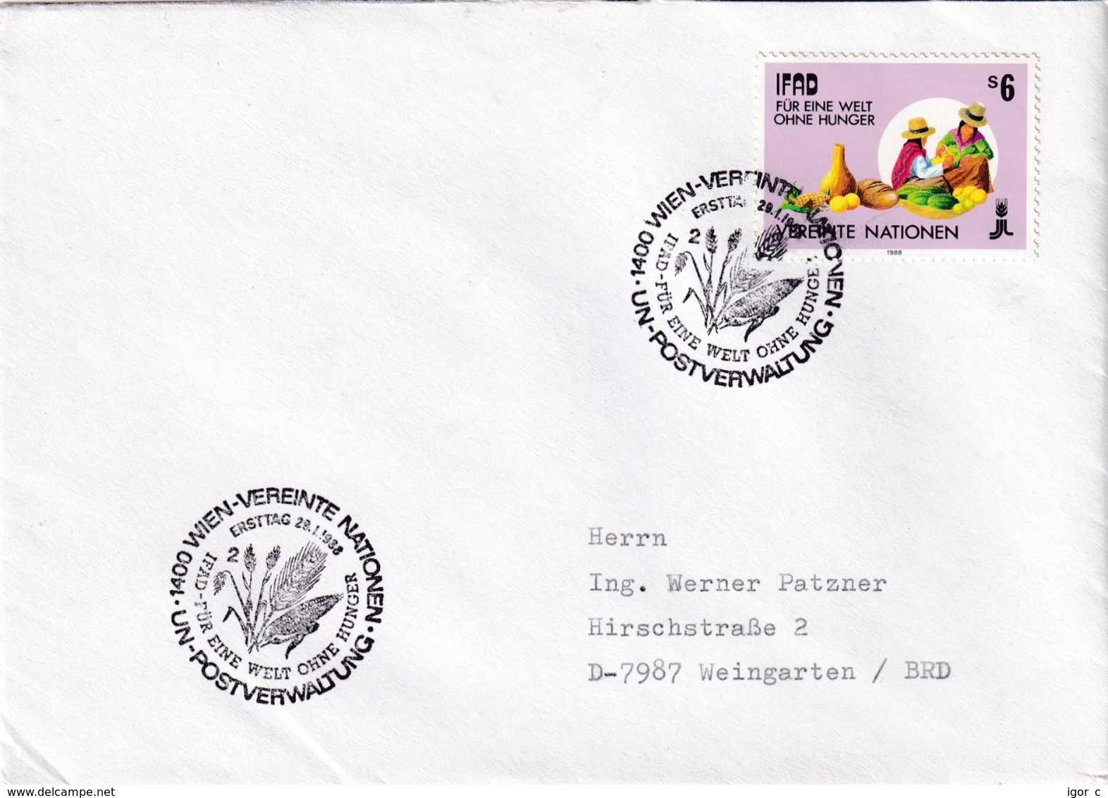 United Nations Vienna 1988 Cover; Plants Food Wheat; FIDA IFAD For A World Without Hunger; Corn; Bread; Potatoes - Heilpflanzen