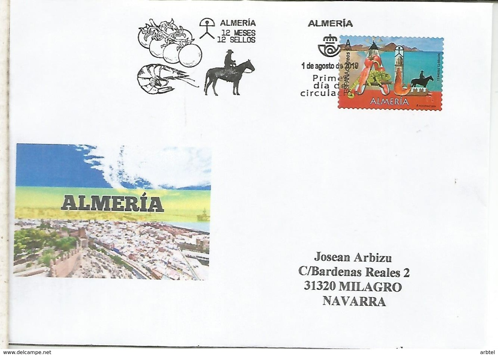 ALMERIA CC CON MAT PRIMER DIA ALMERIA 12 MESES 12 SELLOS FRUTA FRUIT CABALLO HORSE LANGOSTINO - Cartas & Documentos
