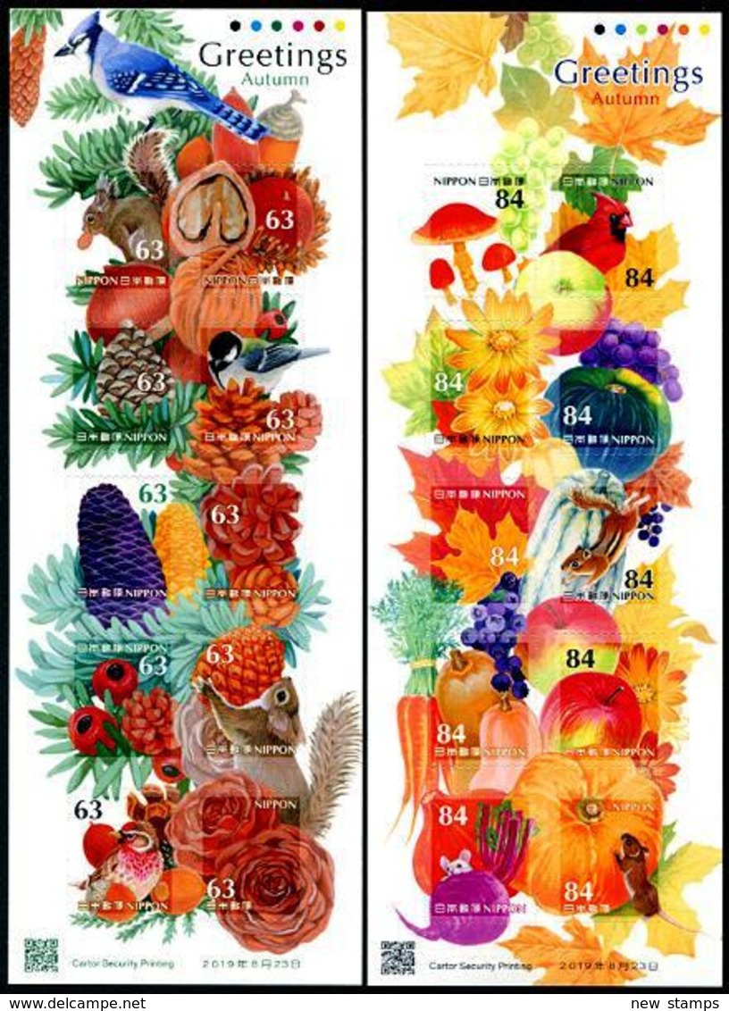 Japan 2019 Autumn Greetings Birds Squirrels Fruits Mushrooms 2 SA Sheetlets Of 10v MNH - Other & Unclassified