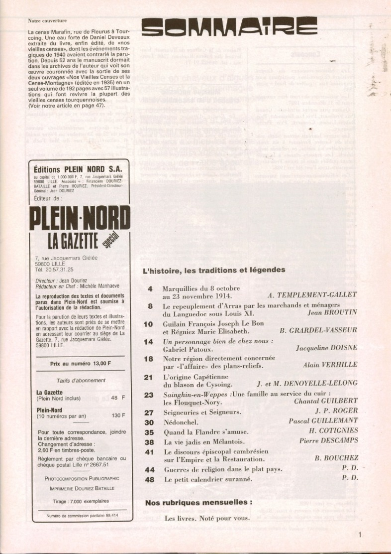 Revue PLEIN NORD La Gazette 10/1987 Marquillies 1914, Nédonchel , Mélantois,cuir à Sainghin-en-Weppes, Combats De Coqs - Picardie - Nord-Pas-de-Calais