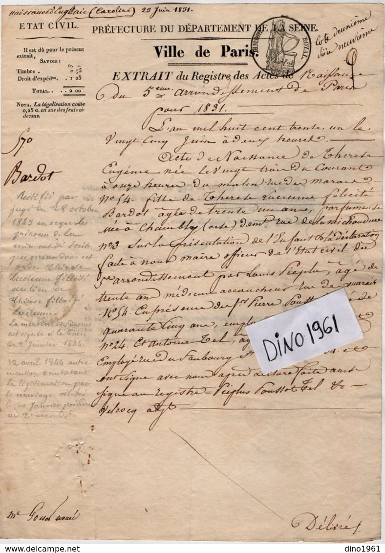 VP15.917 - Ville De PARIS 1831 - Généalogie - Extrait Acte De Naissance De Melle Thérèse - Eugénie BARDOT - Historical Documents