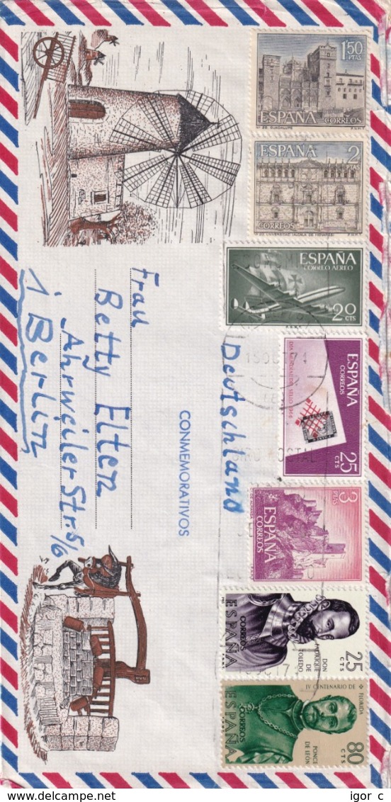 Spain 1977 Air Mail Cover To Germany: Nature Tourism; Windmillvand Draw Wheel; Horse Pferd: Architecture; Airplane; - Other & Unclassified