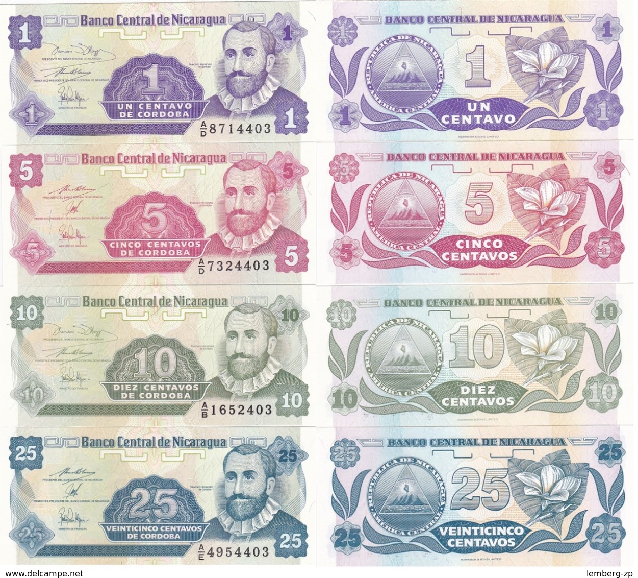 Nicaragua - 5 Pcs X Set 4 Banknotes 1 5 10 25 Centavos 1991 UNC Lemberg-Zp - Nicaragua