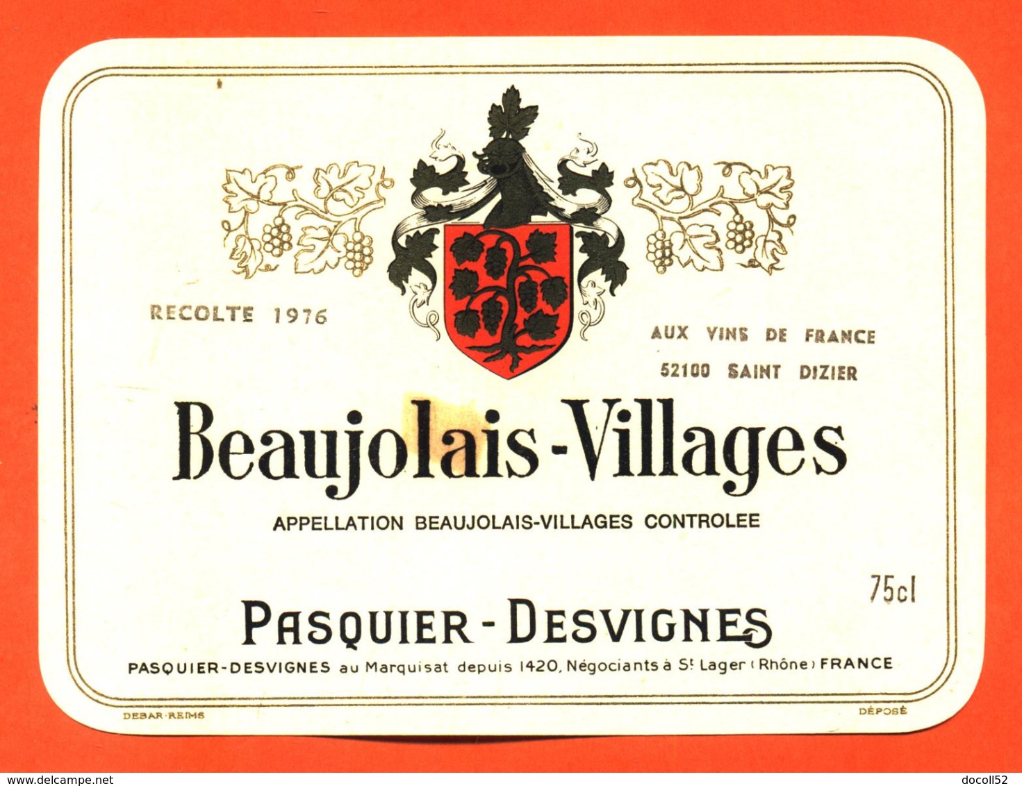 étiquette Vin De Beaujolais Villages Recolte 1976 Pasquier Desvignes à Saint Lager - 75 Cl - Beaujolais