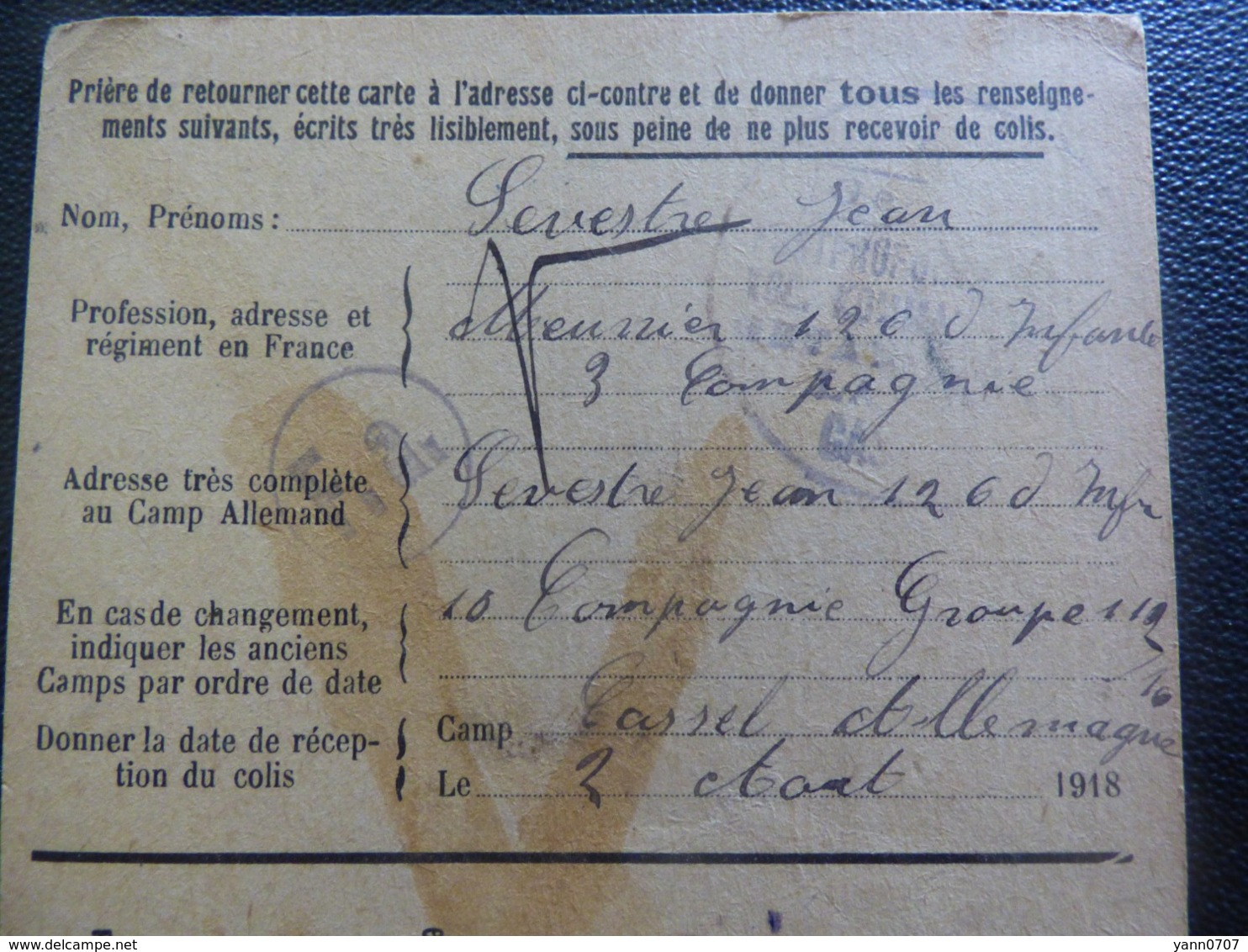 Carte Secours Aux Prisonniers De Guerre, SEVESTRE Jean 126e RI, Originaire De Pontchateau  (44) - 1914-18