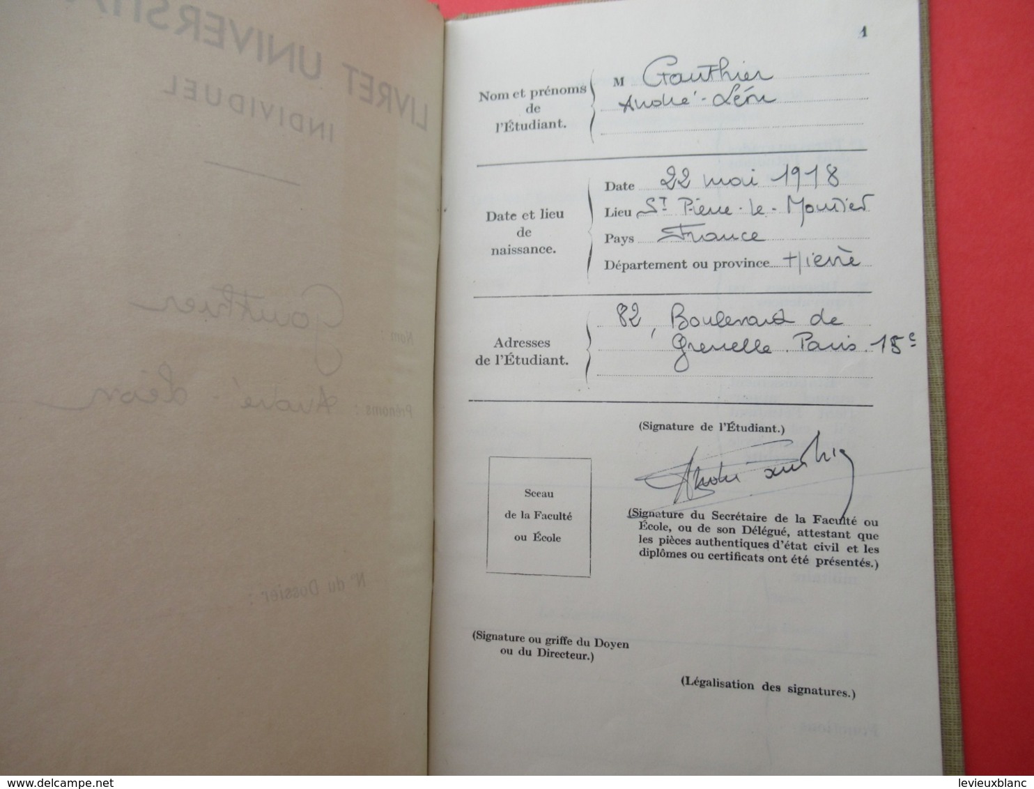 Livret Universitaire Individuel/Faculté Cde Lettres/Université De Paris/Gauthier/Si Pierre Le Moutier/CHAIX/1937  VPN298 - Diplômes & Bulletins Scolaires