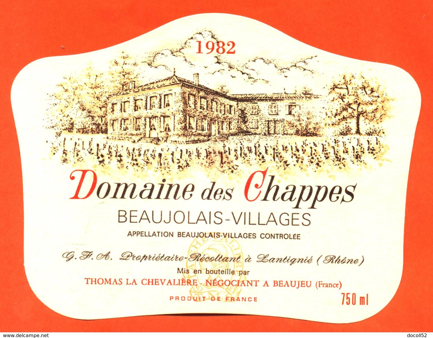 étiquette Vin De Beaujolais Villages Domaine Des Chappes 1982 C Thomas La Chevalière à Beaujeu - 75 Cl - Beaujolais