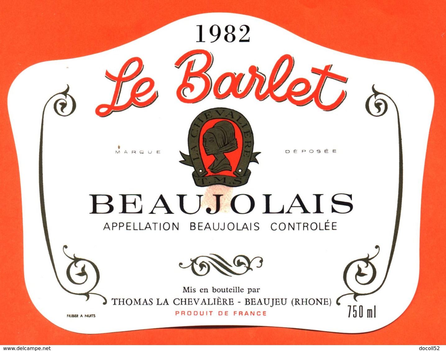 étiquette Vin De Beaujolais Le Barlet 1982 C Thomas La Chevalière à Beaujeu - 75 Cl - Beaujolais