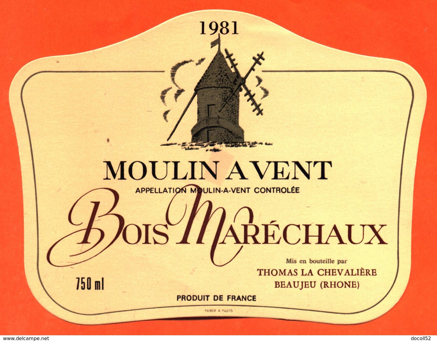 étiquette Vin De Moulin à Vent Bois Maréchaux 1981 C Thomas La Chevalière à Beaujeu - 75 Cl - Beaujolais