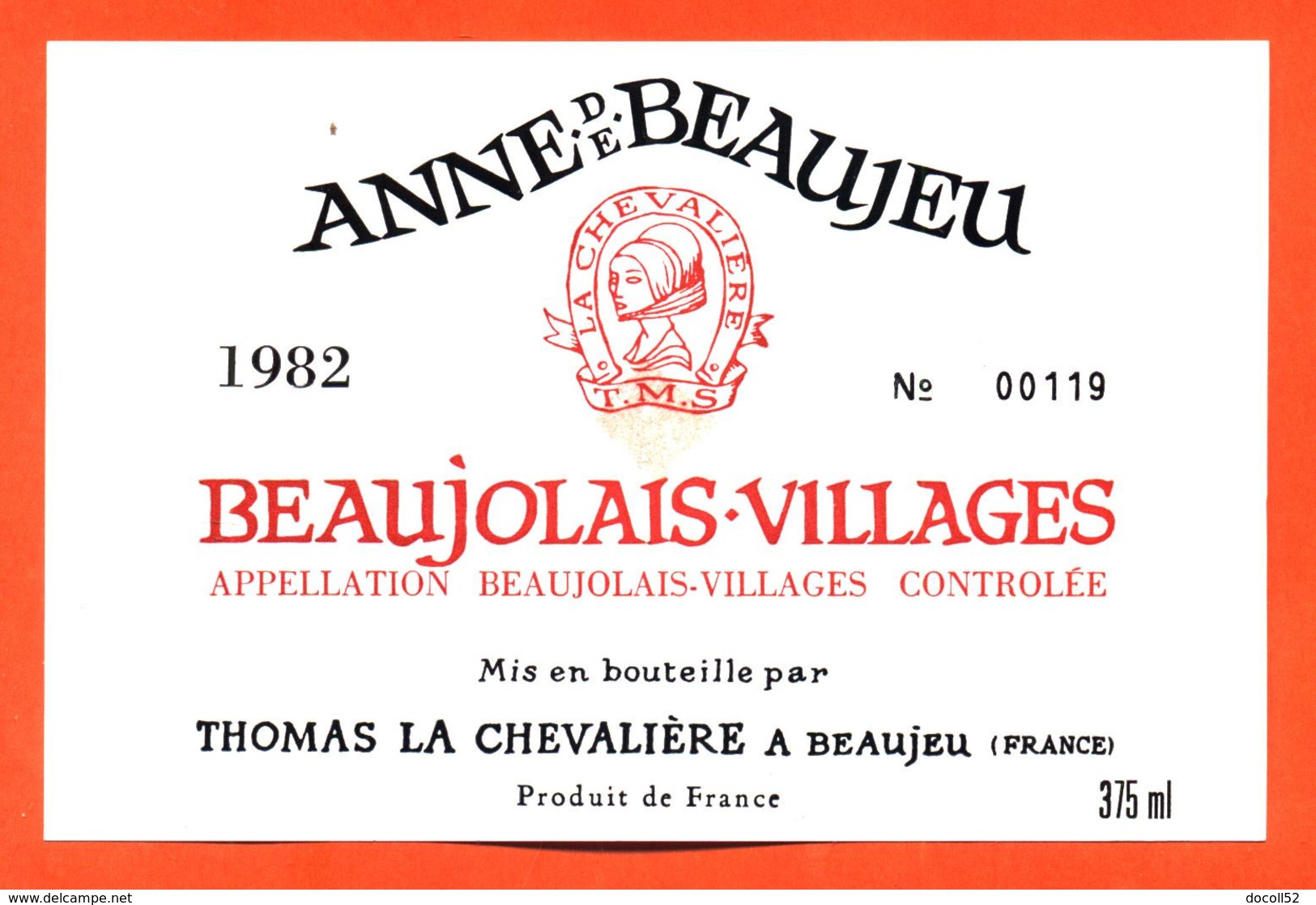 étiquette Vin De Beaujolais Villages Anne De Beaujeu 1982 Thomas La Chevalière à Beaujeu - 37,5 Cl - Beaujolais
