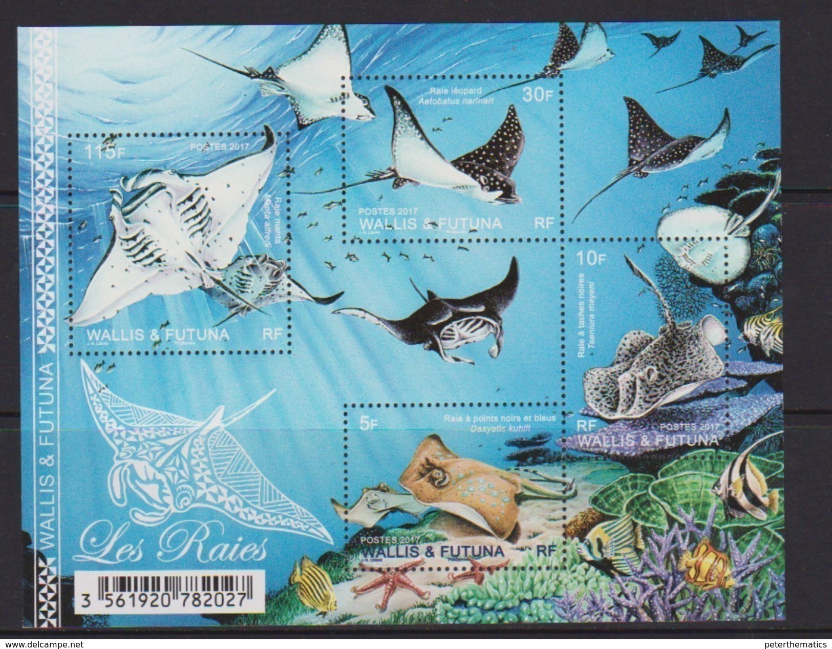 WALLIS ET FUTUNA, 2017, MNH, MARINE LIFE, STING RAYS, SHEETLET - Marine Life