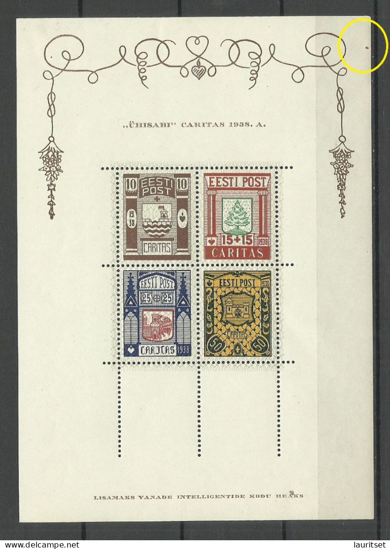 Estland Estonia 1938 CARITAS Block Mi 2 + ERROR VARIETY Abart E: 2 (red Spot) O Type 1 Line In The Corners MNH/MH - Estland