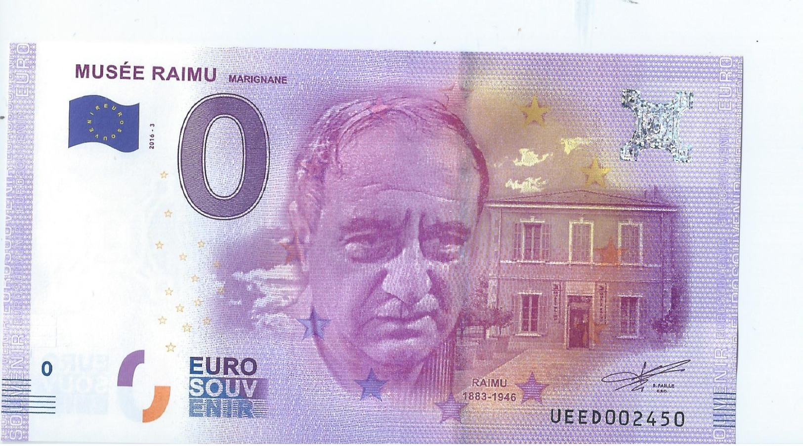 2016 BILLET TOURISTIQUE 0 Euro   Musee Raimu   Dpt 13  Port 1.30 - Essais Privés / Non-officiels