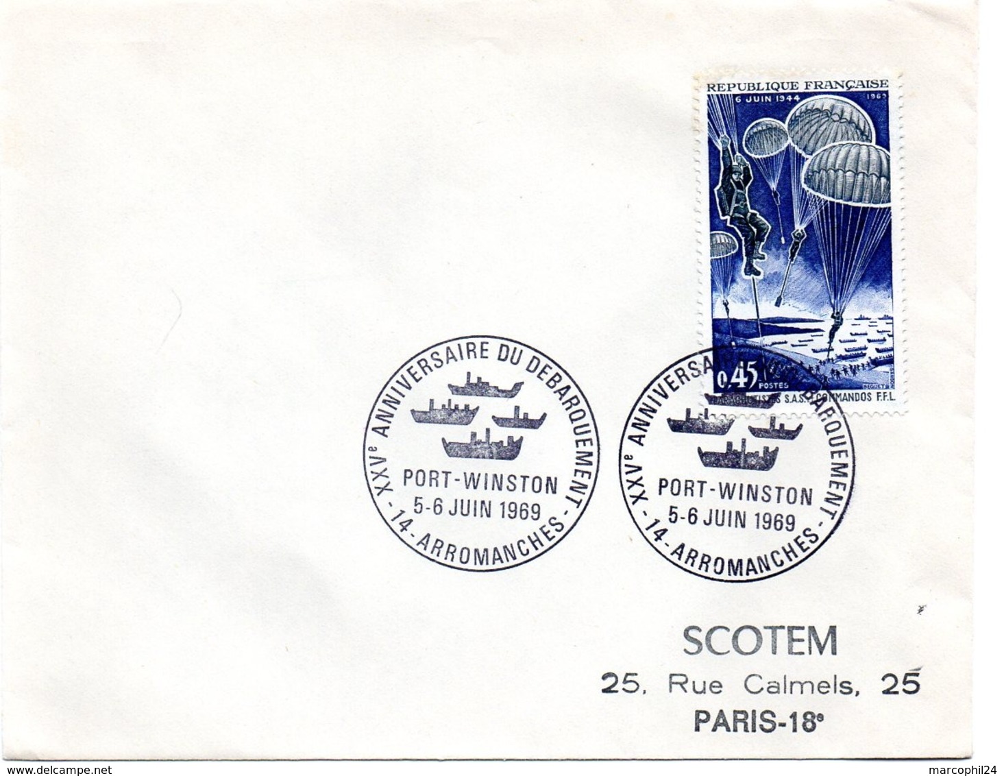 MARINE = 14 ARROMANCHES 1969 = CACHET CONCORDANT N° 1603 Illustré ' XXVe ANNIVERSAIRE DEBARQUEMENT PORT WINSTON  ' - Cachets Commémoratifs