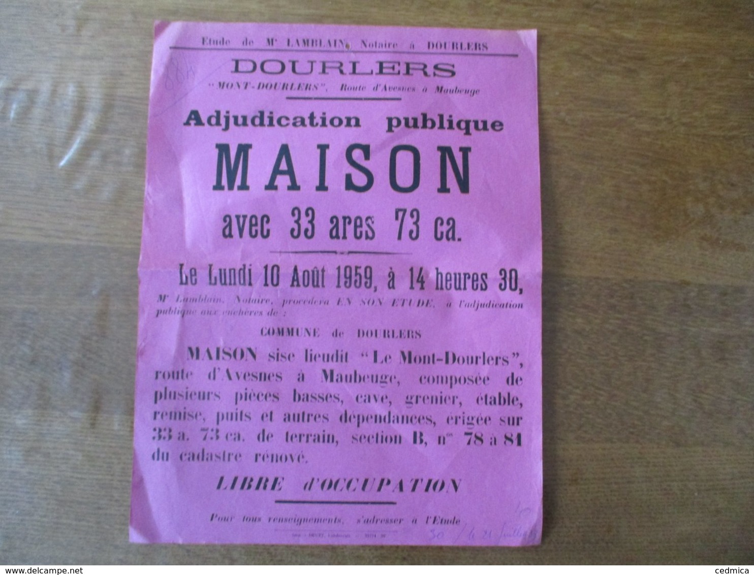 DOURLERS "MONT-DOURLERS" LE 10 AOUT 1959 ADJUDICATION PUBLIQUE MAISON AVEC 33 Ares 73ca 40cm/30cm - Affiches