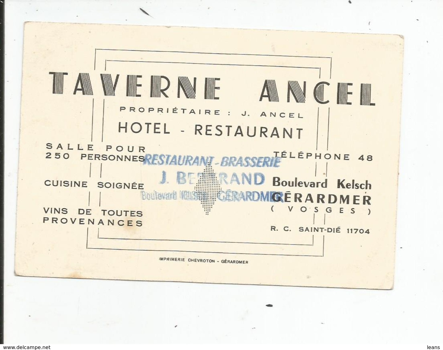 TAVERNE ANCEL   HOTEL RESTAURANT  GERARDMER - Cartes De Visite