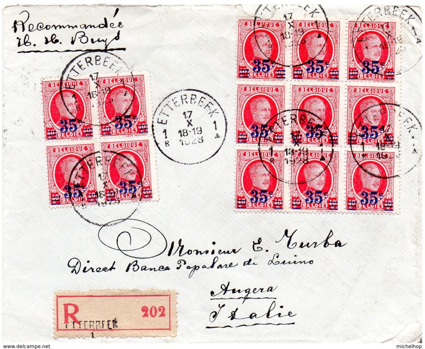 N° 247 (9 Ex;) Sur Lettre Recommandée D'ETTERBEEK Vers Angera (Italie) - 1922-1927 Houyoux