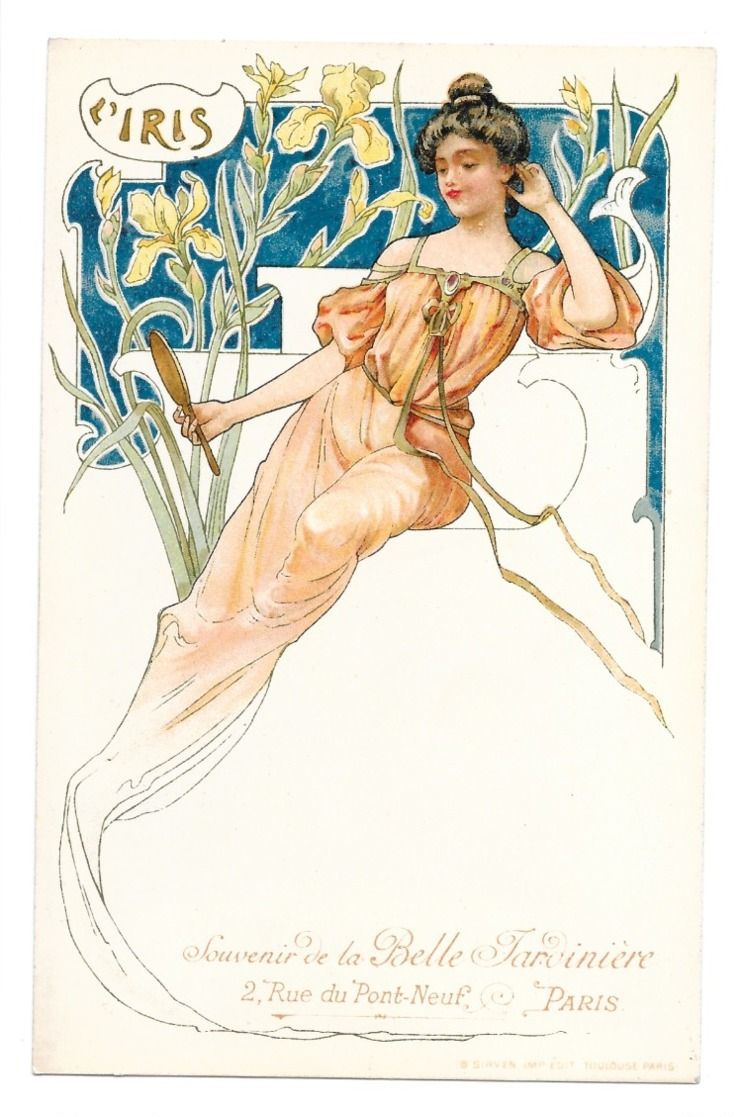 CPA ART NOUVEAU STYLE MUCHA FEMME FLEUR IRIS BELLE JARDINIERE - 1900-1949