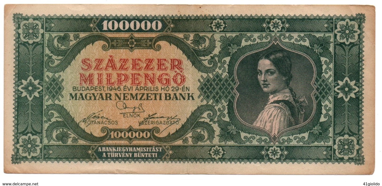 Ungheria Magyar 100.000 Pengo 1946 - Hungary