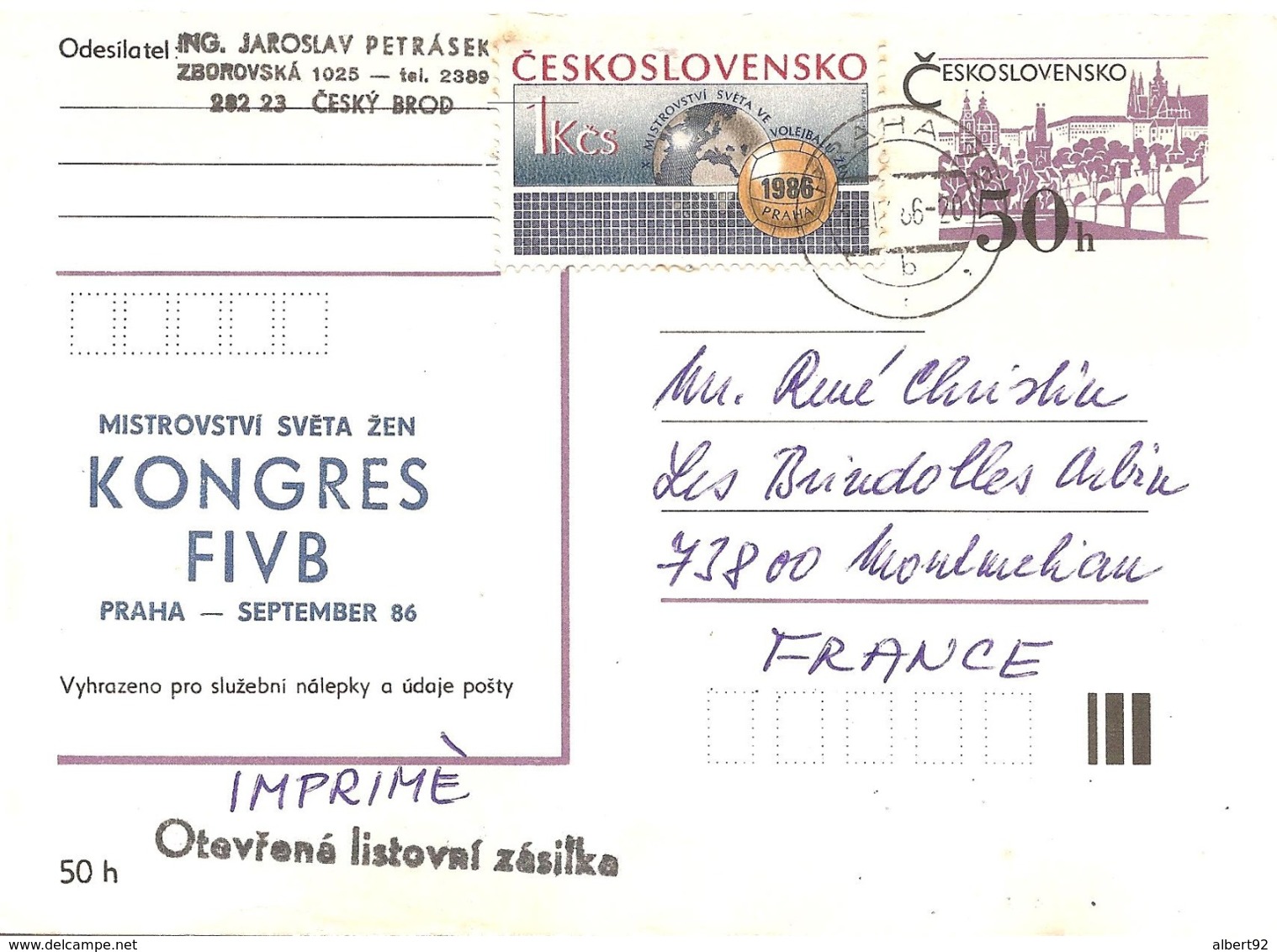 1986 Congrès De La Fédération Internationale De Volley Ball :Prague (entier Postal) - Voleibol