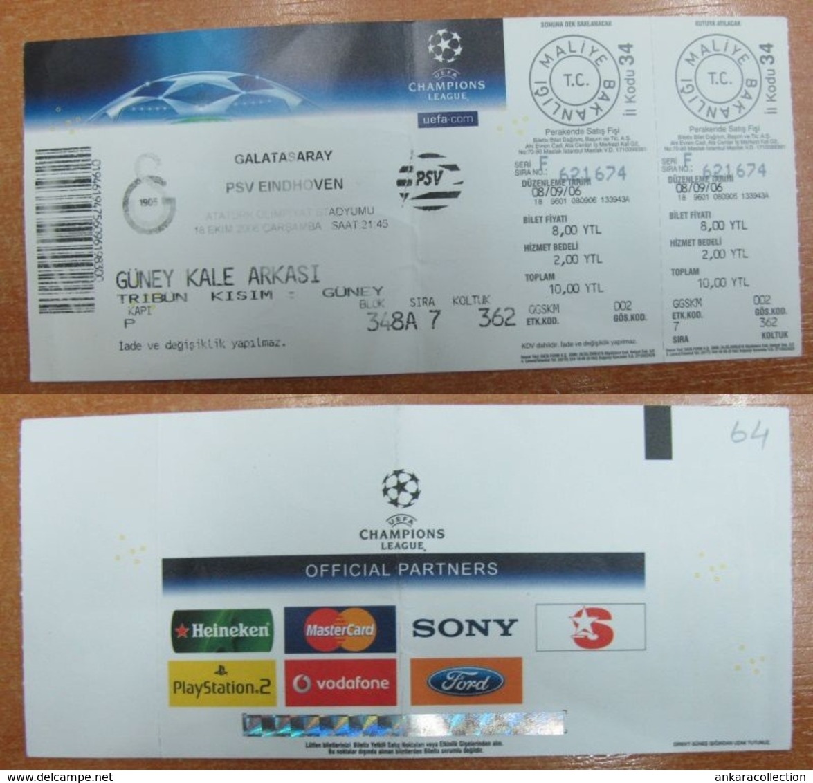 AC - GALATASARAY SK v PSV EINDHOVEN CHAMPIONS LEAGUE 18 OCTOBER 2006 FOOTBALL - SOCCER TICKET - Tickets - Entradas