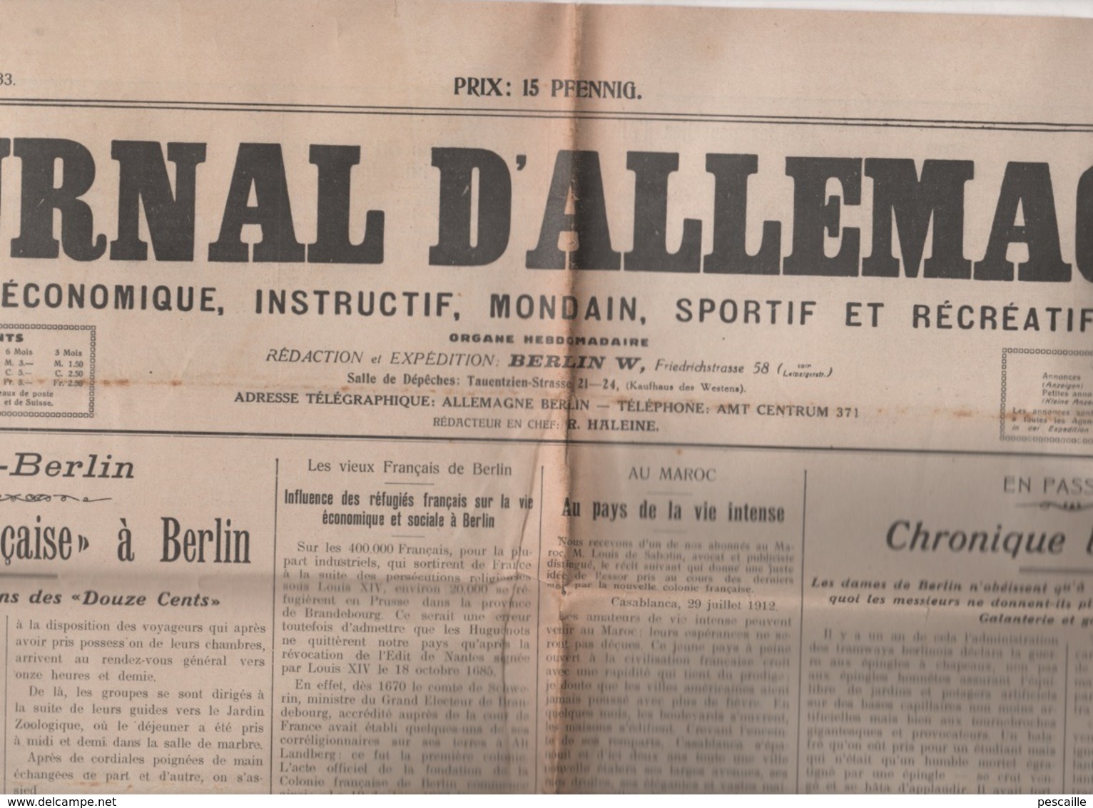 JOURNAL D'ALLEMAGNE 11 08 1912 - BERLIN - MAROC - HALLE - JOUETS NUREMBERG - EDISON - BISCUITERIE PERNOT DIJON - DRESDE - Algemene Informatie