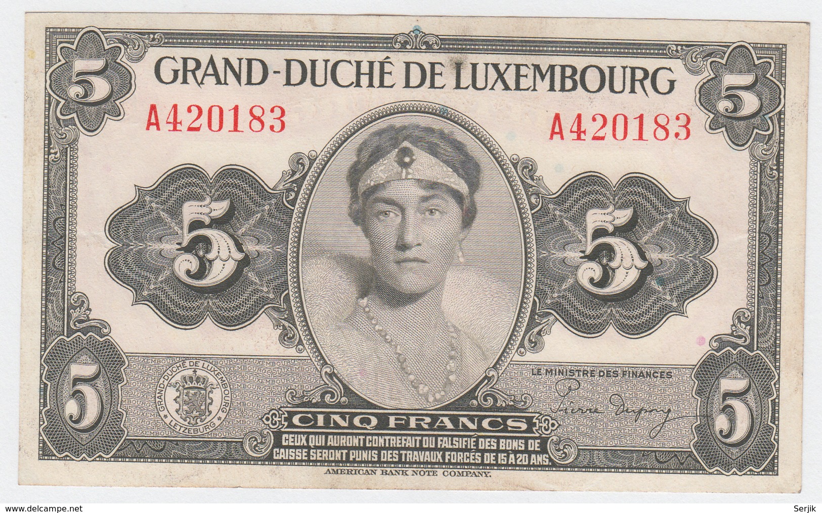 LUXEMBOURG 5 FRANCS 1944 VF Pick 43b 43 B - Luxemburg