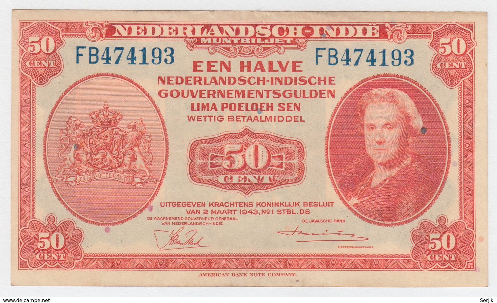 Netherlands-Indies 50 Cents 1943 VF+ Pick 110a 110 A - Dutch East Indies