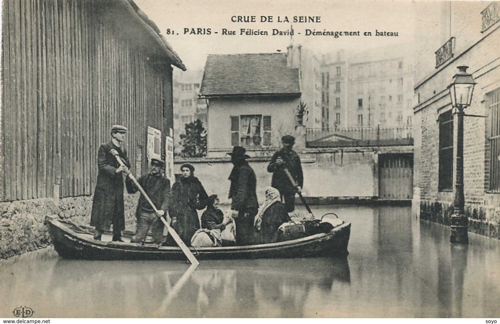 Transport En Barque Ferry Boat Crue De La Seine Rue Felicien David 1910 ELD . Déménagement . ELD - Ferries