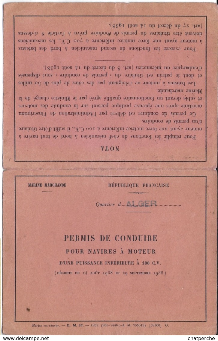 DOCUMENT   ADMINISTRATIF D’IDENTITÉ PERMIS DE CONDUIRE NAVIRES A MOTEUR - 100 CV MARINE MARCHANDE QUARTIER ALGER - Unclassified