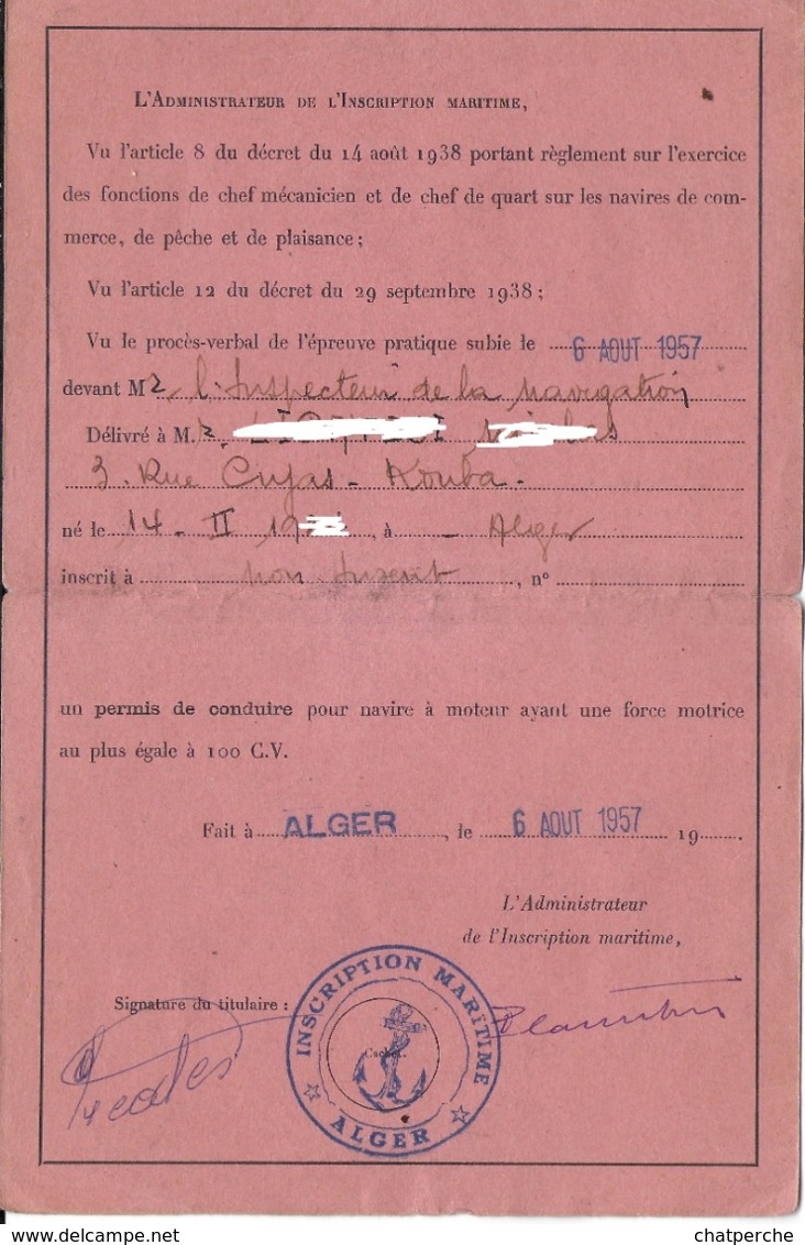 DOCUMENT   ADMINISTRATIF D’IDENTITÉ PERMIS DE CONDUIRE NAVIRES A MOTEUR - 100 CV MARINE MARCHANDE QUARTIER ALGER - Unclassified