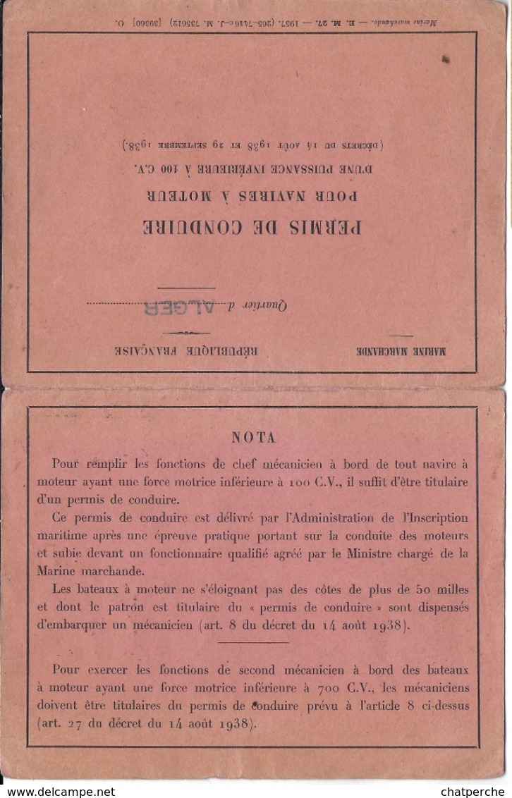 DOCUMENT   ADMINISTRATIF D’IDENTITÉ PERMIS DE CONDUIRE NAVIRES A MOTEUR - 100 CV MARINE MARCHANDE QUARTIER ALGER - Unclassified