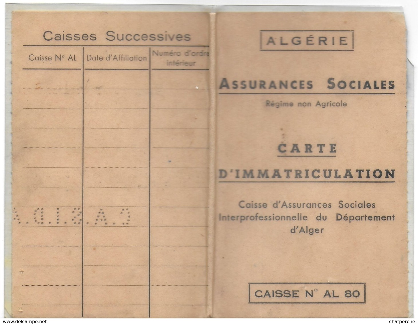 DOCUMENT ADMINISTRATIF D’IDENTITÉ CARTE ASSURANCES SOCIALES  RÉGIME NON AGRICOLE CAISSE ASSURANCES ALGER - Non Classés