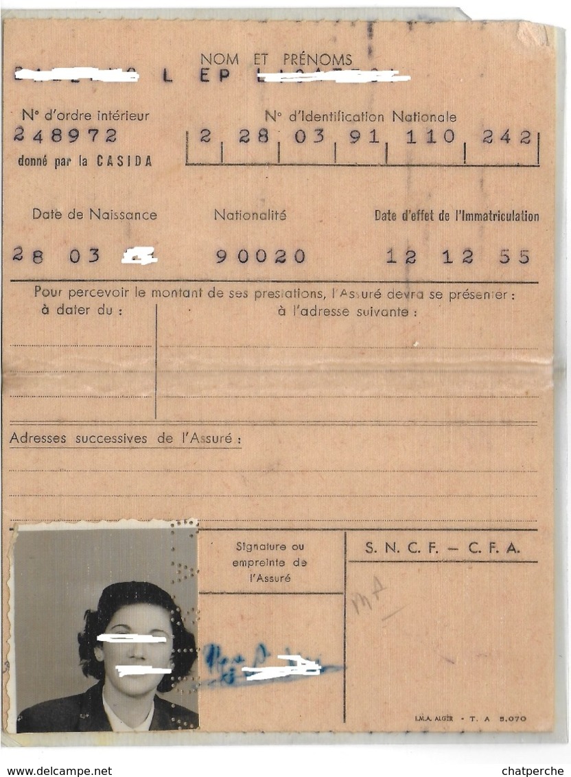 DOCUMENT ADMINISTRATIF D’IDENTITÉ CARTE ASSURANCES SOCIALES  RÉGIME NON AGRICOLE CAISSE ASSURANCES ALGER - Non Classés