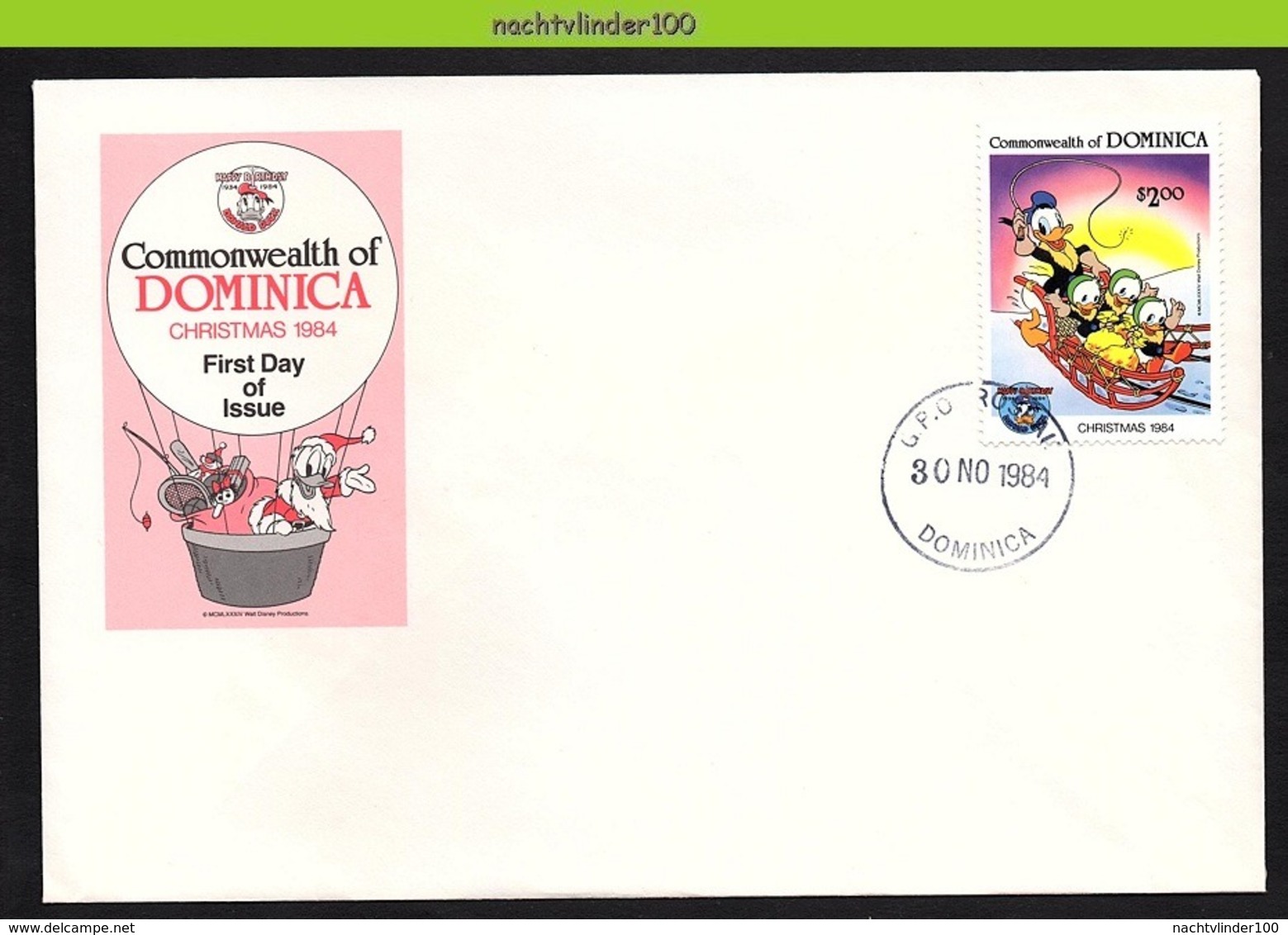 Nfe0712,1b  WALT DISNEY KERST DONALD SLEE CHRISTMAS SLED DOMINICA 1984 FDC - Disney