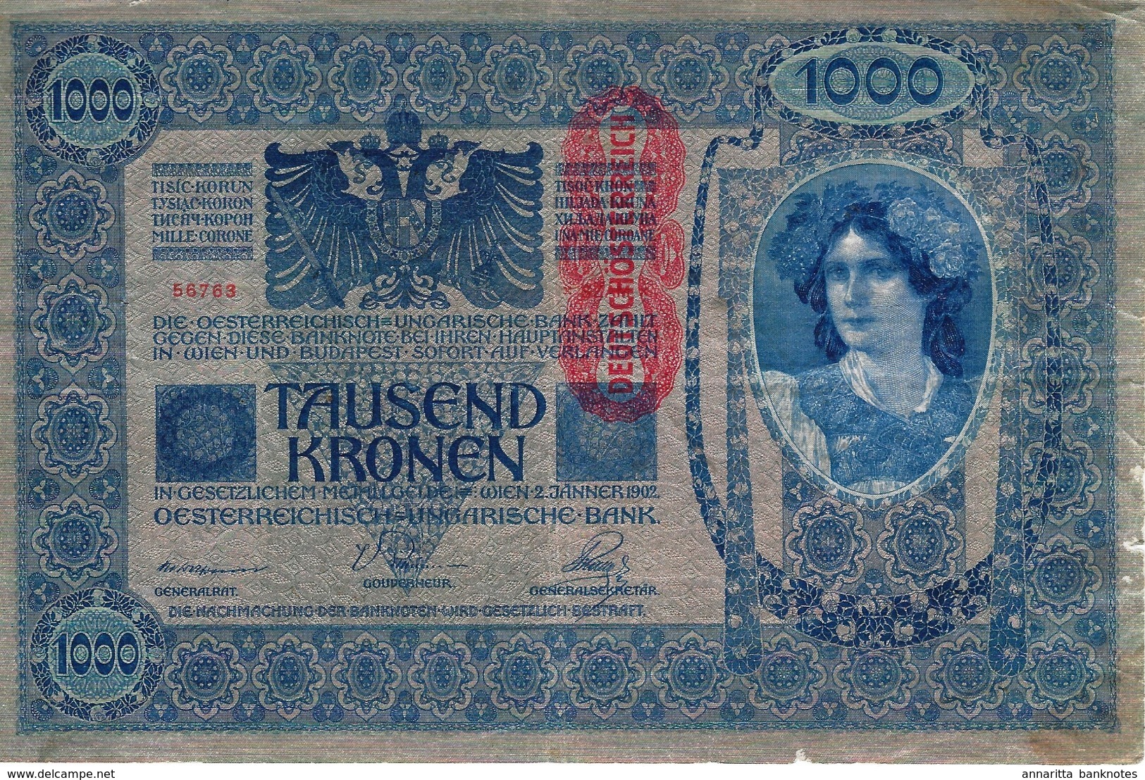German-Austria 1000 Kronen 1902 (1920), DEUTSCHÖSTERREICH F/VF, P-59a, DAT110a - Austria