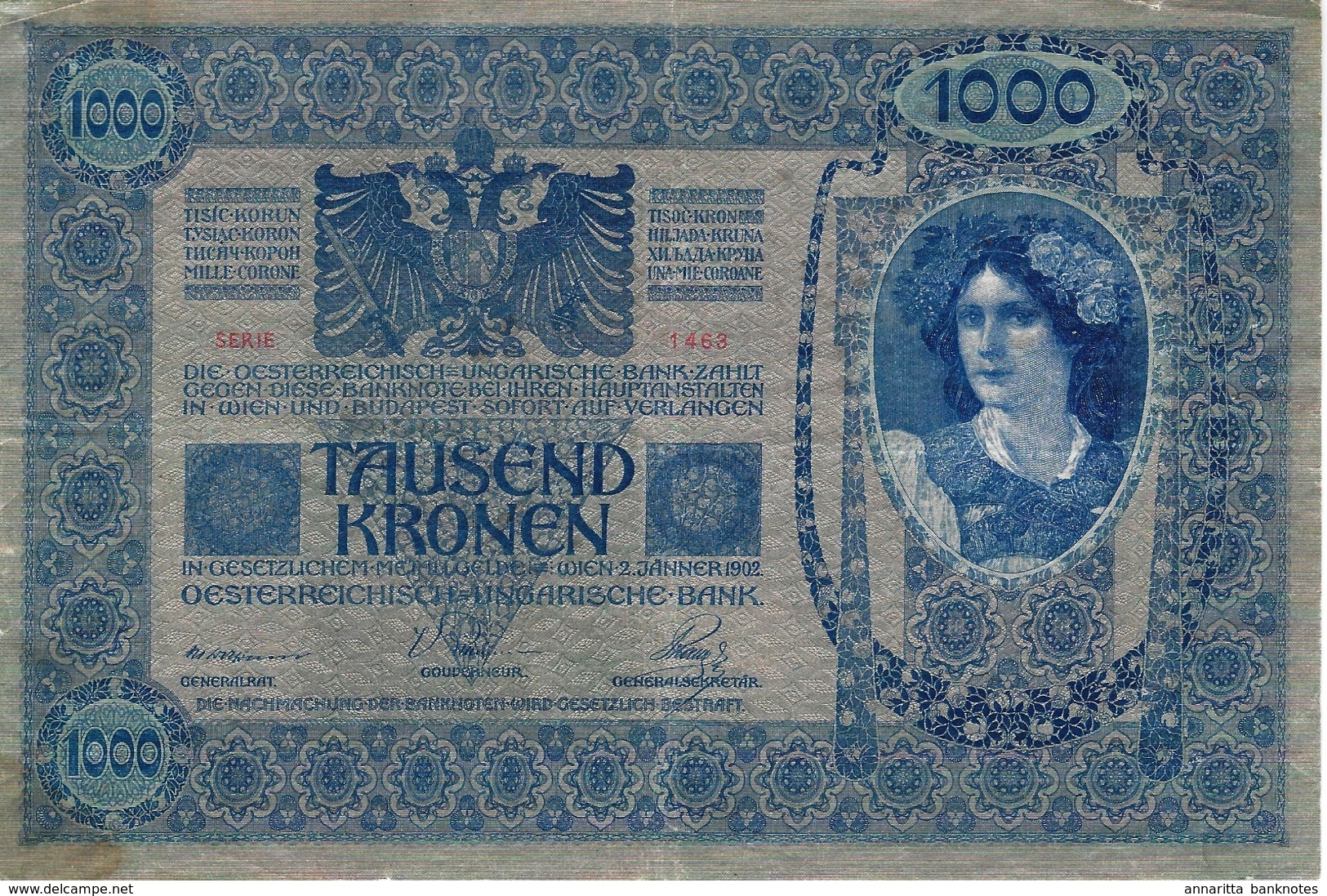 German-Austria 1000 Kronen 1902 (1920), DEUTSCHÖSTERREICH F/VF, P-59a, DAT110a - Austria