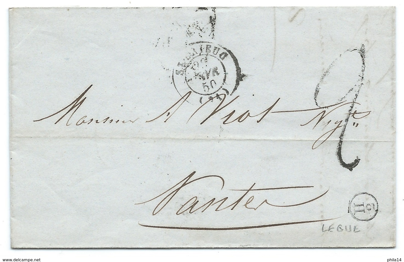 MARQUE POSTALE SAINT BRIEUC POUR NANTES / 1850 / BOITE H2 LEGUE - 1849-1876: Période Classique