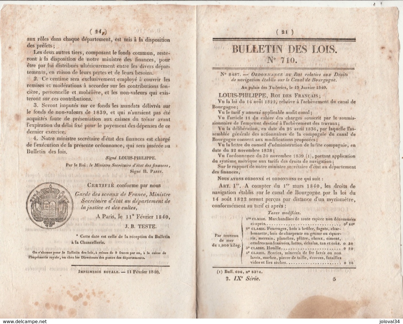 Bulletin Des Lois 710 De 1840 Ordonnance Droits Navigation Sur Canal De Bourgogne - Boissons Gex Ain - 4 Pages - Décrets & Lois