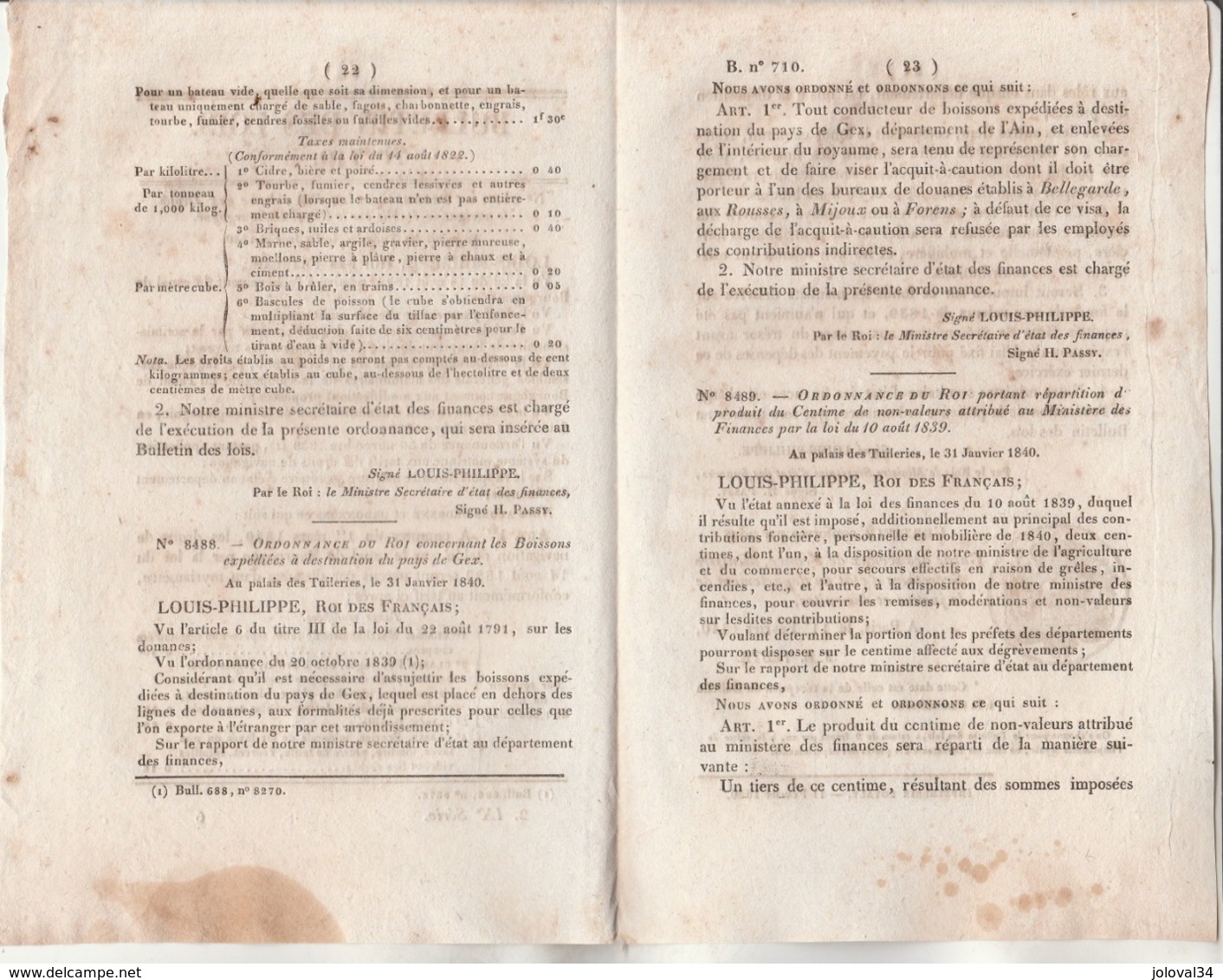 Bulletin Des Lois 710 De 1840 Ordonnance Droits Navigation Sur Canal De Bourgogne - Boissons Gex Ain - 4 Pages - Décrets & Lois