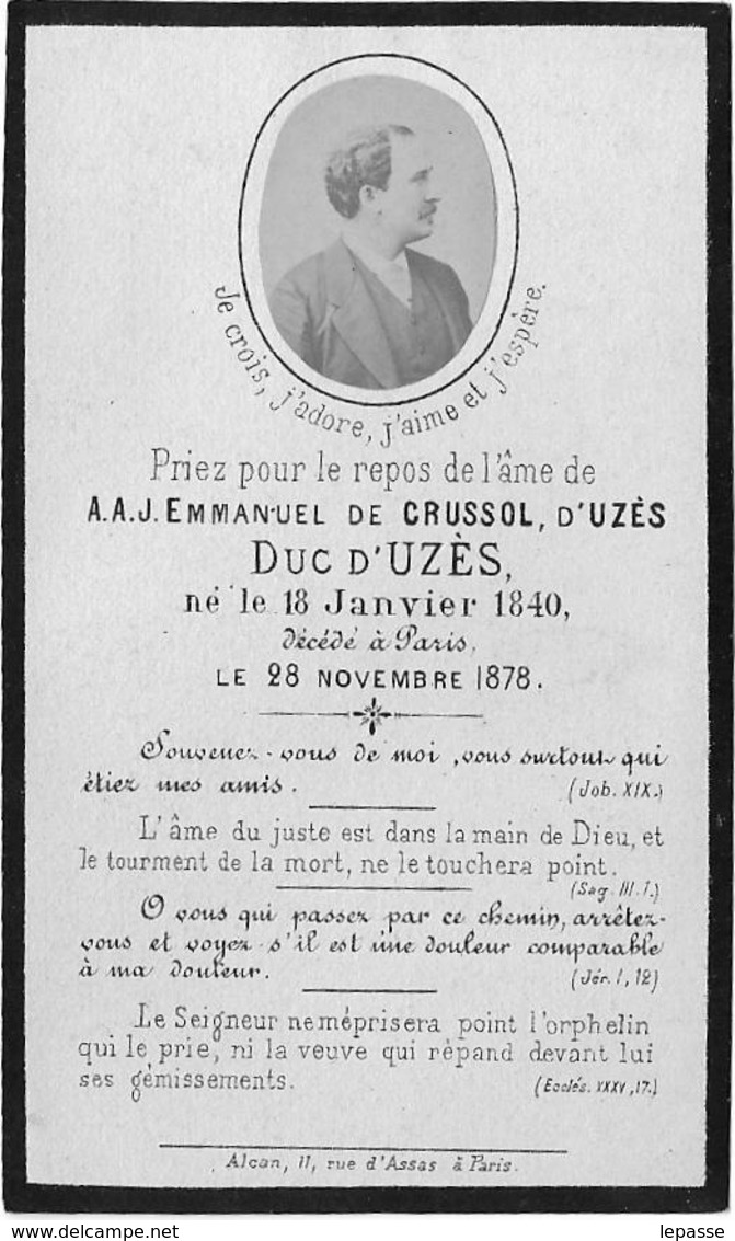 IMAGE PIEUSE RELIGIEUSE ROYAUTE AAJ EMMANUEL DE CRUSSOL D UZES DUC D UZES NE 18/01/18400 MORT A PARIS 28/11/1878 N01 - Images Religieuses